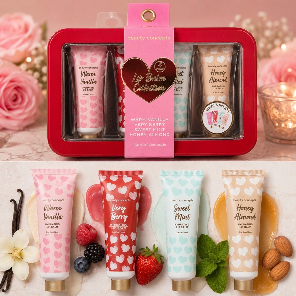 Beauty Concepts 4 Piece Lip Balm Collection Tin Warm Vanilla Berry Mint Almond